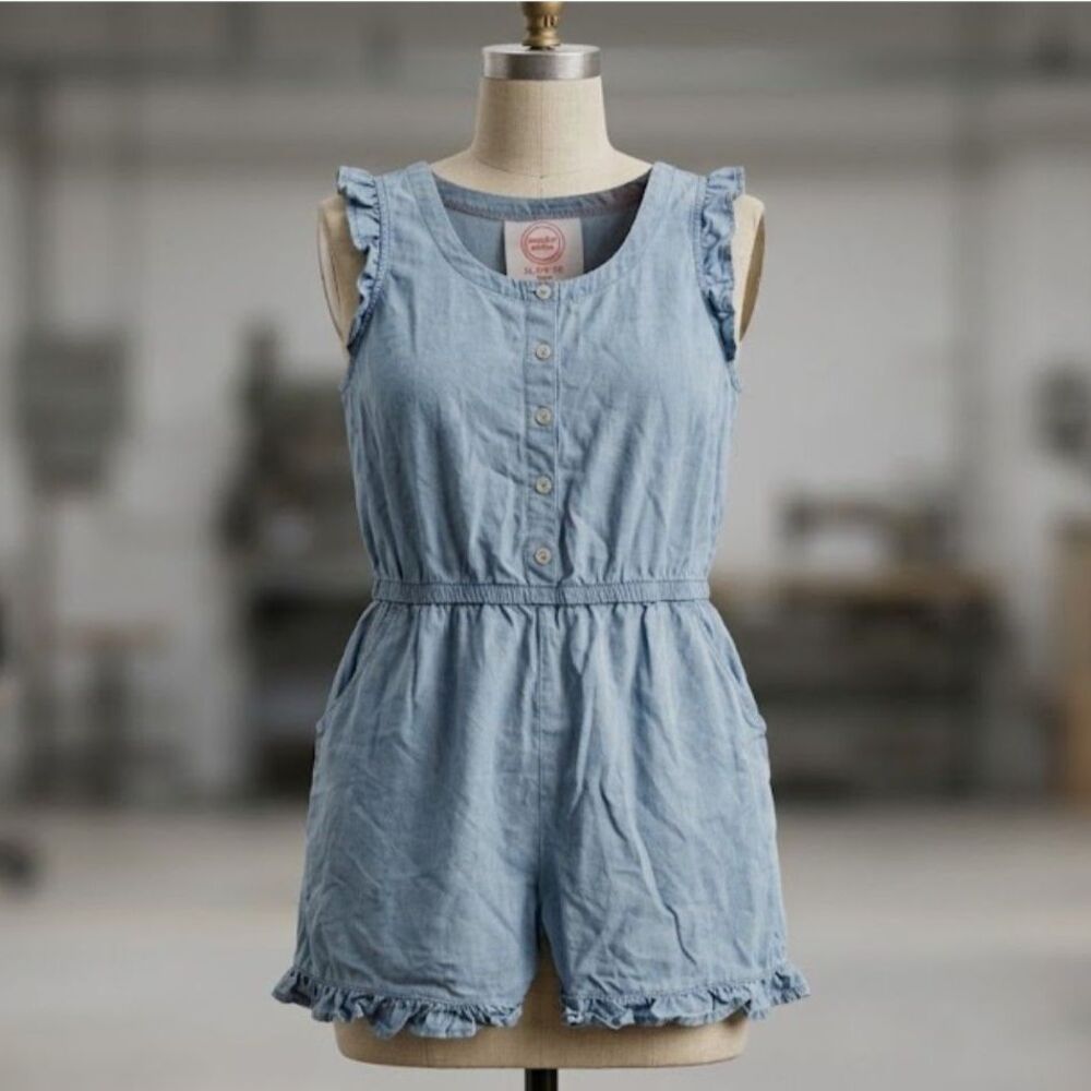Wonder Nation Girls' Chambray Sleeveless Ruffle Romper Light Wash XL 14-16 Plus